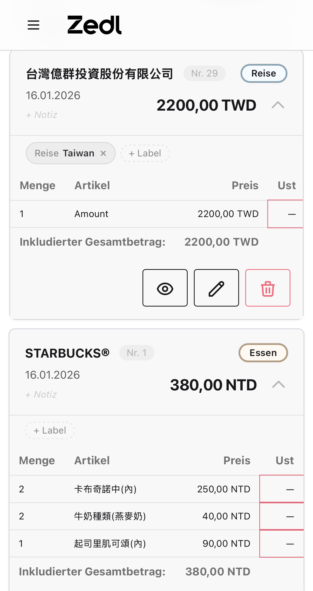 Zedl Dashboard mit zwei chinesischen Belegen aus Taiwan: Lieferant, Betrag und Einzelposten korrekt erkannt