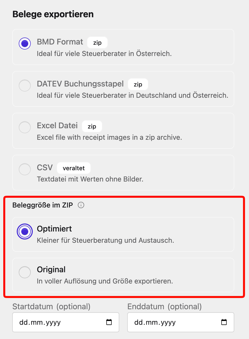 Auswahl der Beleggröße im Export-Modal