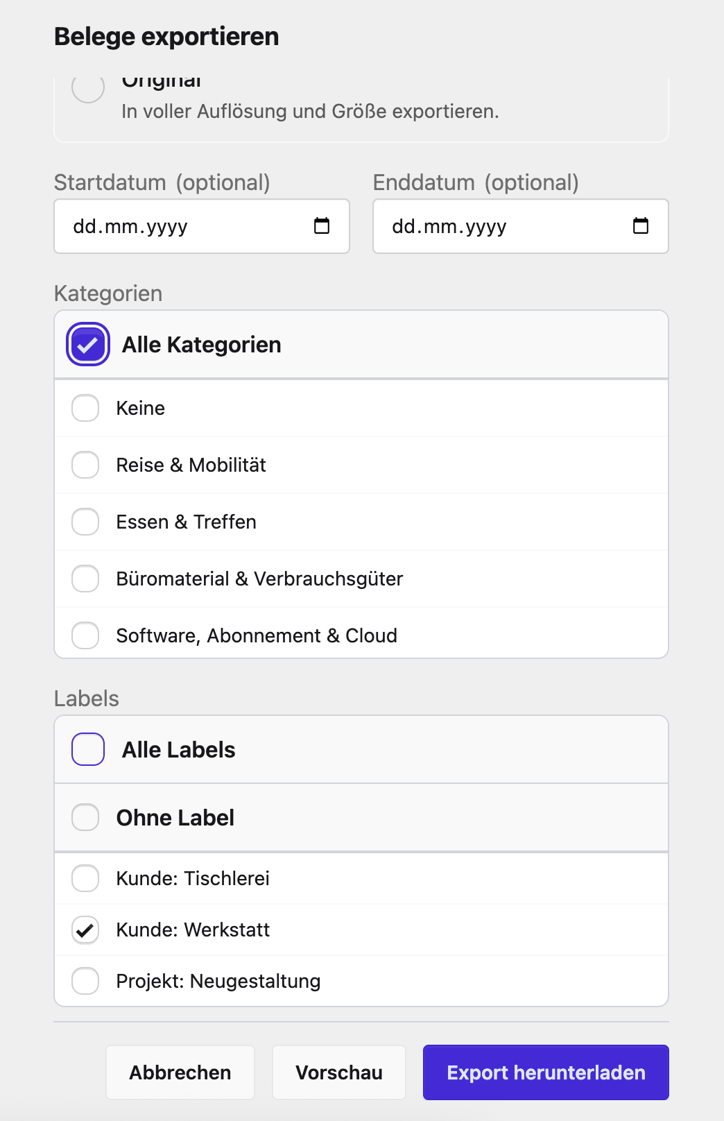 Export-Modal: nach Label „Kunde: Werkstatt" filtern